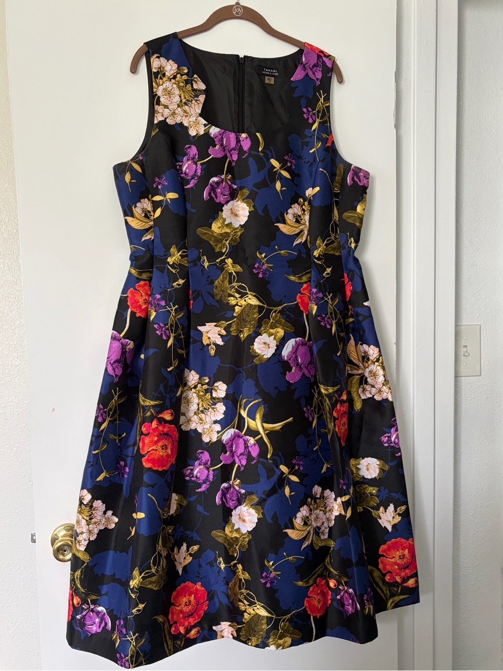Tahari Blue Floral Midi Dress with Blue, Red and Purple Blooms